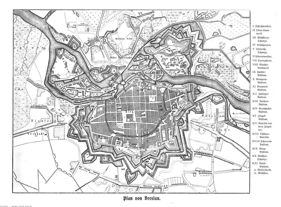 An engraved plan of the city ringed by star-shaped bastions and water defences, with the bastions numbered and listed down the side.