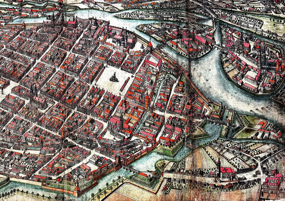 A hand-coloured bird's-eye plan of the walled city between 1742 and 1750, the Odra and its islands running through it, drawn by Friedrich Bernhard Werner.