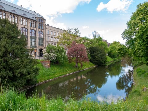 The City Moat in spring, with fresh green banks, a flowering tree and Old Town buildings behind it.
