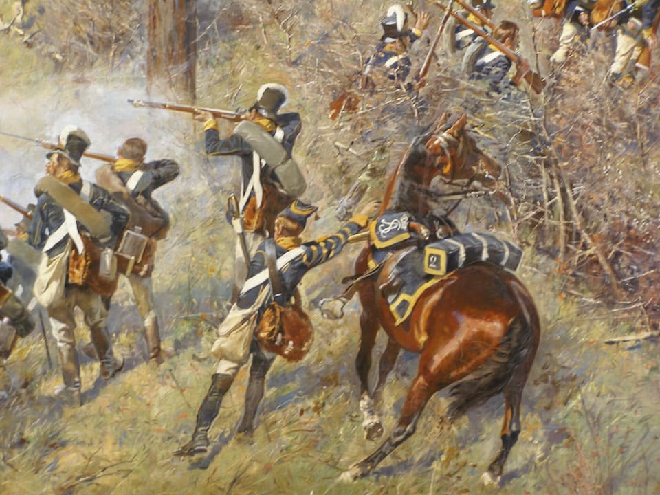 Ein naher Ausschnitt des Gemäldes: Infanterie feuert zwischen Birken mit Musketen, im Vordergrund ein sich aufbäumendes Pferd.