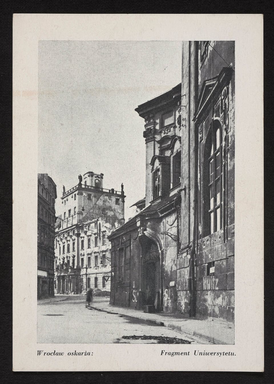 A 1946 postcard captioned “Wrocław oskarża: Fragment Uniwersytetu”, showing the damaged university building on an empty street, its stonework blackened and lettering painted on the wall at street level.